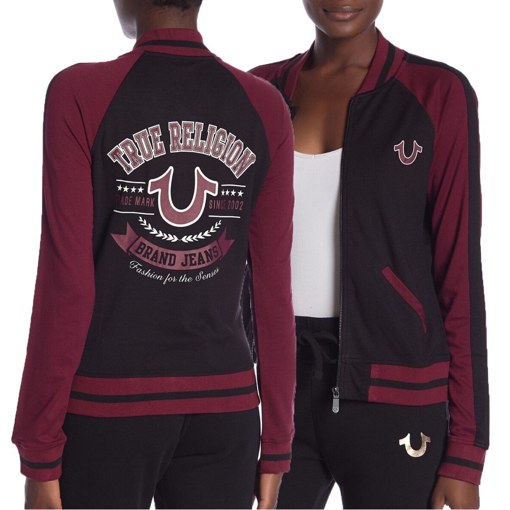 True Religion Track Bomber Jacket Women's Medium Burgundy Red Black Full Zip